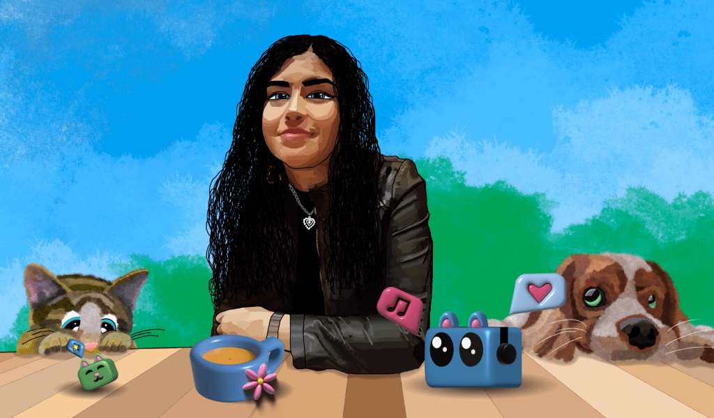 An illustrated image of a young woman with long dark hair sitting at a table with a cup of coffee and playful emojis, alongside a curious cat and a friendly dog in a colorful outdoor setting.