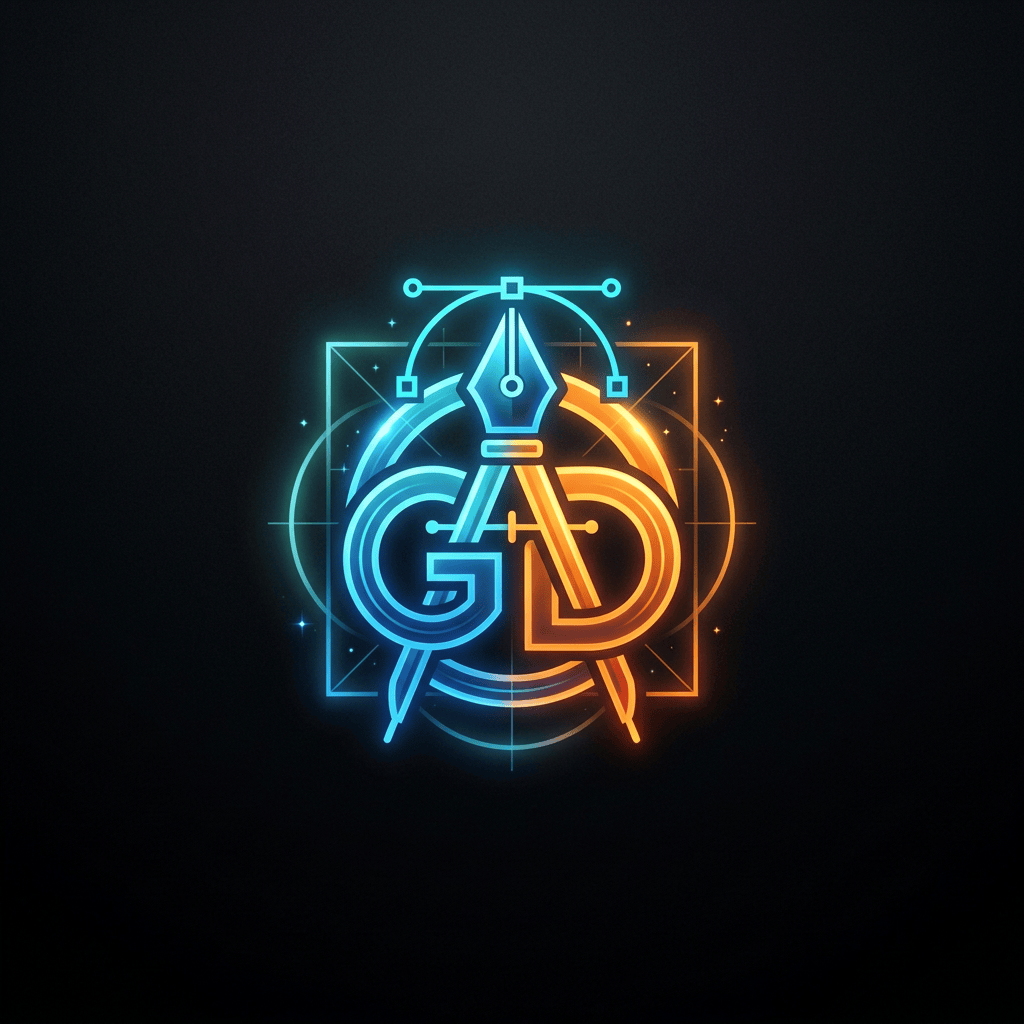 Neon logo featuring stylized letters G and D with a pen tool and compass