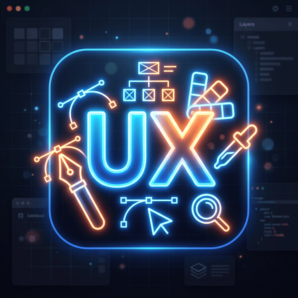 Neon icons of UX design tools including pen, color palette, flowchart, cursor, magnifying glass, and eyedropper surrounding large UX letters