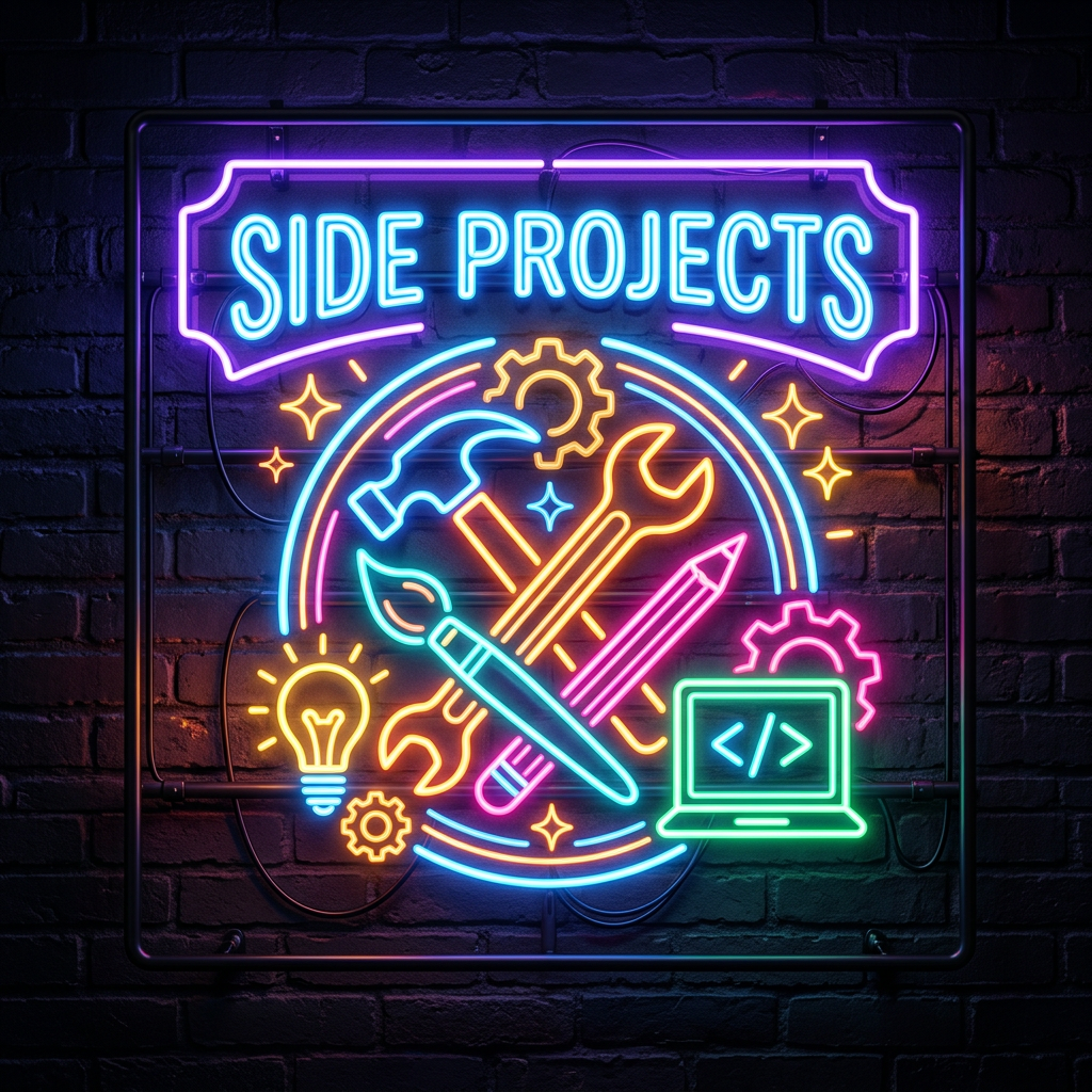 Neon sign reading 'SIDE PROJECTS' with icons of hammer, wrench, paintbrush, pencil, light bulb, gears, and laptop